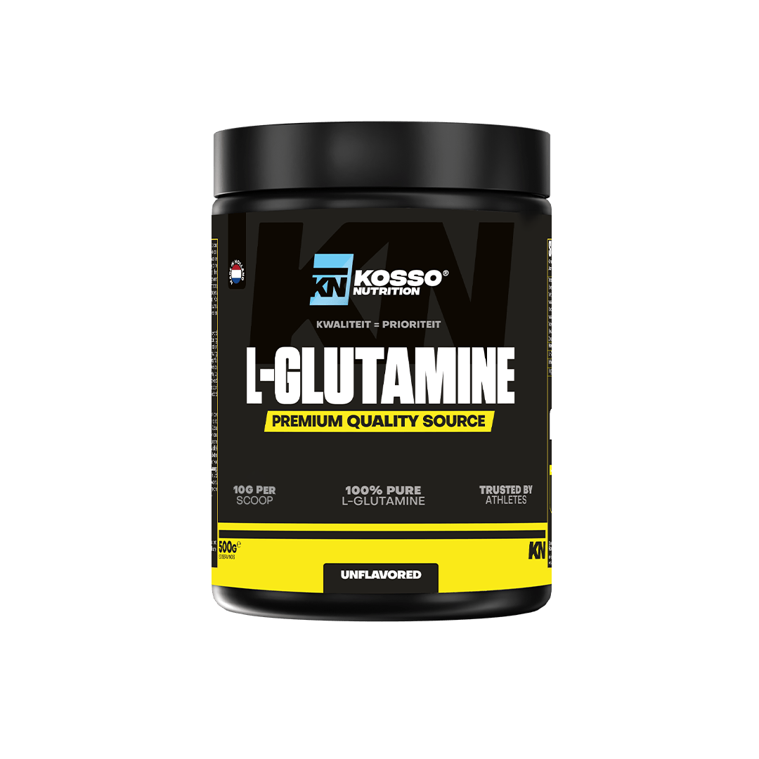 Kosso Nutrition L-Glutamine, zwarte pot van 500 gram ongearomatiseerd poeder met geel-zwart etiket
