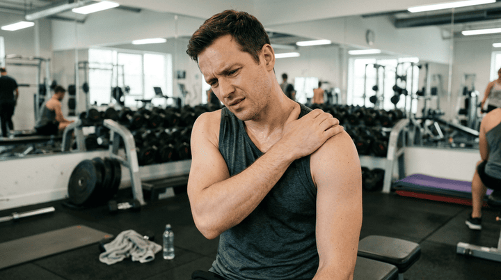 Een sporter in de sportschool die zijn schouder masseert
